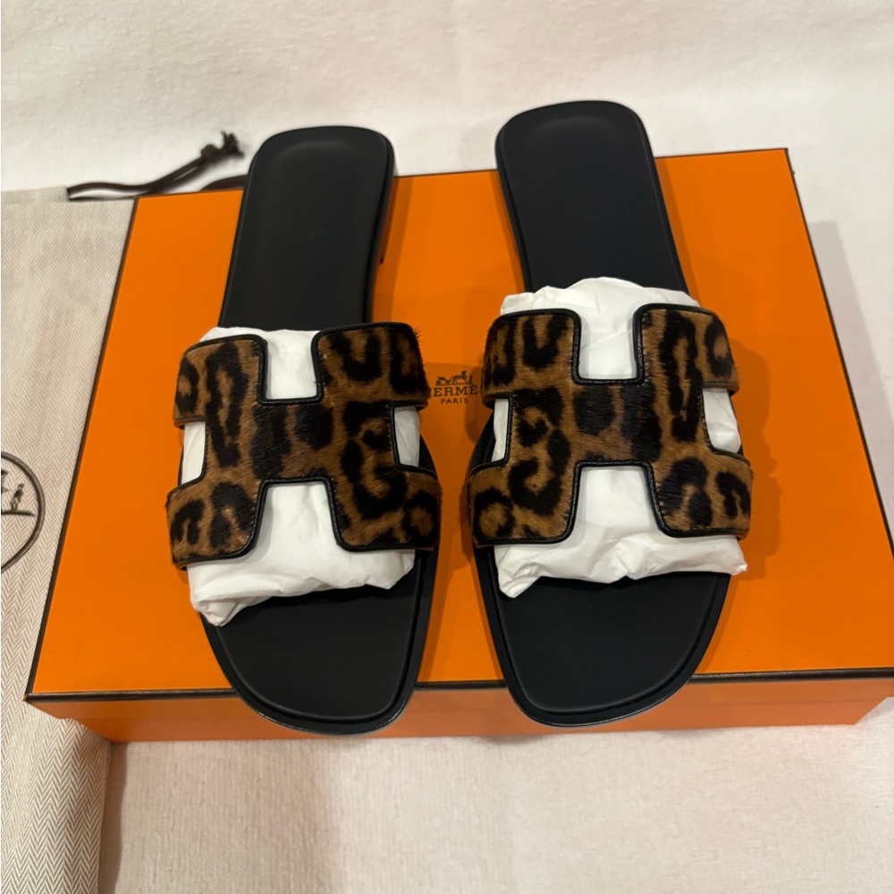 Hermes Leopard Print Sandals - Black and Brown